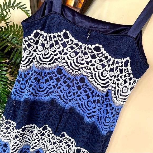 R&M Richards Multi-Shade Blue Scalloped Lace Formal Dress Satin Straps - Picture 9 of 13